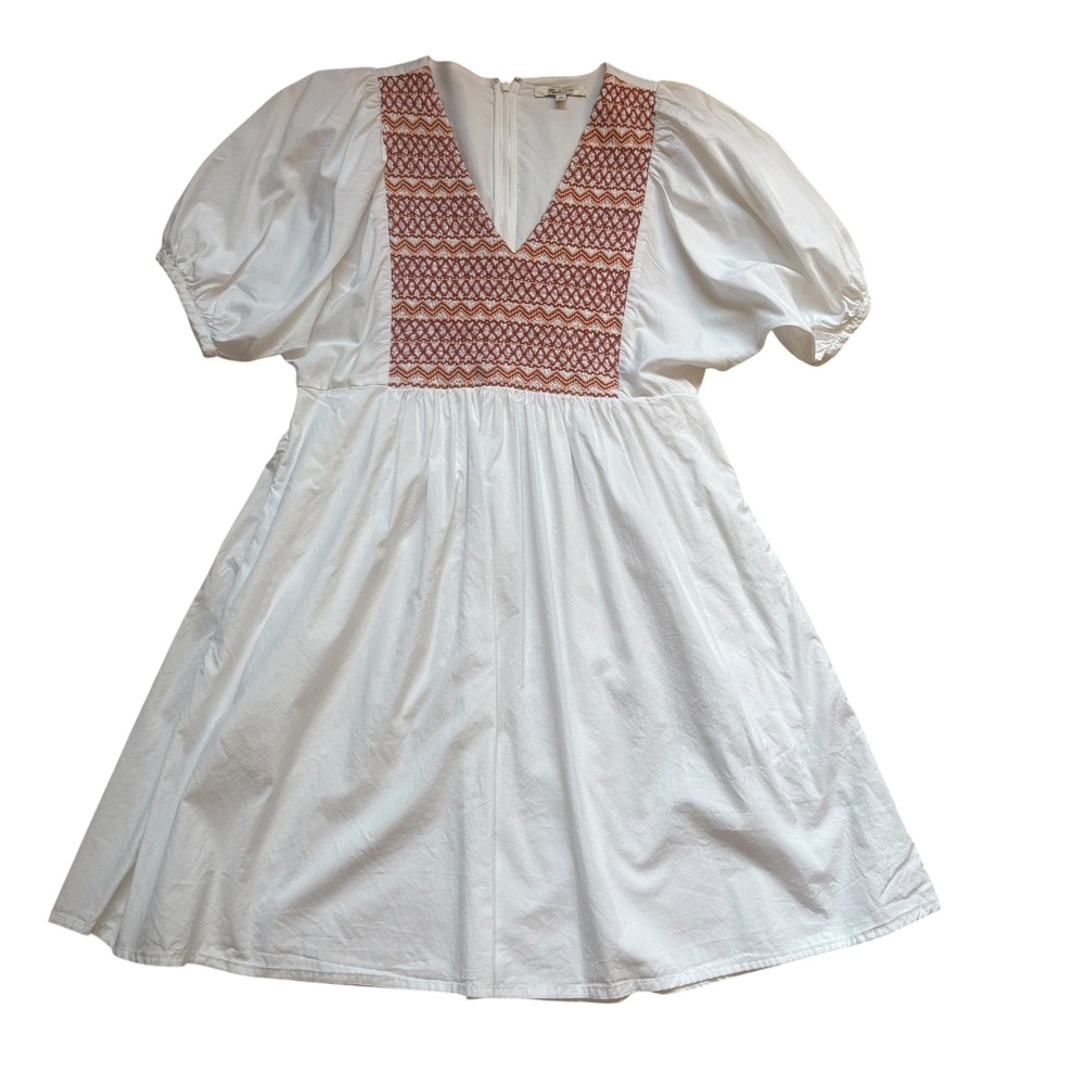 Madewell Embroidered Poplin Mini Dress Puff Sleeve‎ V neck Size XS NWOT - Picture 8 of 12